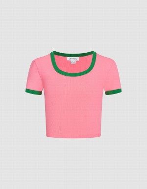 Pink Women's Urban Revivo U Neck Skinny T Shirts | IOZ4284PX