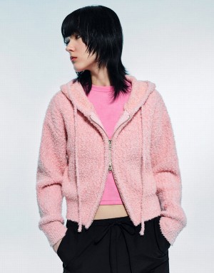 Pink Women's Urban Revivo Zipper Front Hooded Knitted Cardigan | GMD7918LC