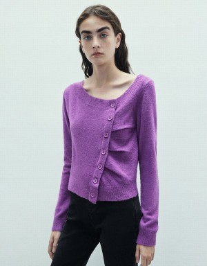 Purple Women's Urban Revivo Button Decor V-Neck Knitted Cardigan | PZU4785VC