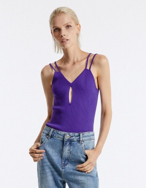 Purple Women's Urban Revivo Cut Out Knitted Camisole Tank Top | FVN5815XQ