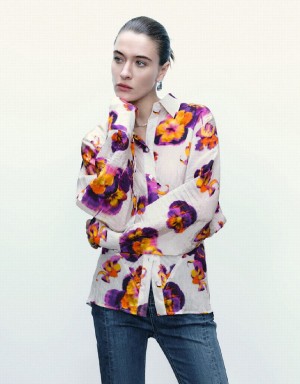 Purple Women's Urban Revivo Flower Printed Button Up Shirts | GUK8263GT