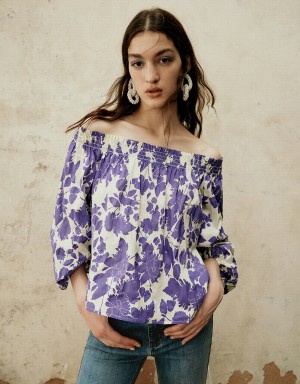 Purple Women's Urban Revivo Printed Off-Shoulder Overhead Blouse | CRA117CC