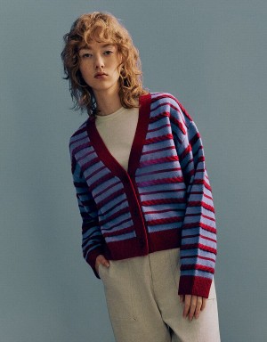 Red Women's Urban Revivo Striped V-Neck Knitted Cardigan | CHN2275BI