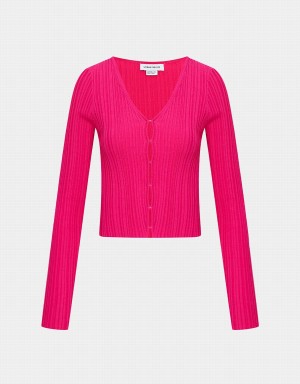 Rose Red Women's Urban Revivo Textured Rib Knit Cardigan | MHG8452DS