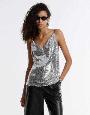 Silver Women's Urban Revivo Cut Out Back Sequin Camisole Tank Top | BEL6198XD