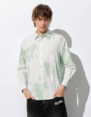 White Green Men's Urban Revivo Striped Button Up Loose Shirts | DIN529IQ