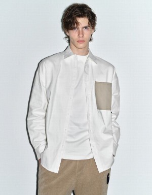 White Men's Urban Revivo Button Up Oversized Shirts | LZK42NU