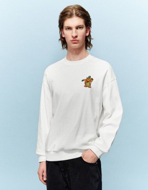 White Men's Urban Revivo Cartoon Embossed Crew Neck Sweatshirts | HFD6681CG