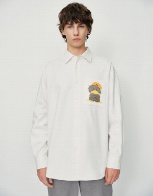 White Men's Urban Revivo Duck Printed Oversized Shirts | XLZ5715QN