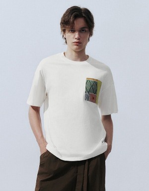 White Men's Urban Revivo Loose Straight T Shirts | POG5159HR