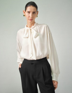 White Women's Urban Revivo Bow Neck Overhead With Tie Blouse | OLU7457DU