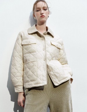 White Women's Urban Revivo Button Up Quilted Down Jackets | DVL5053EC