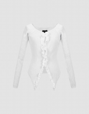 White Women's Urban Revivo Frill Trim Knitted Cardigan | YZQ9284ME