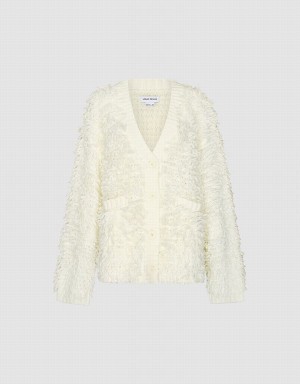 White Women's Urban Revivo Furry V-Neck Knitted Cardigan | XAV1864VF