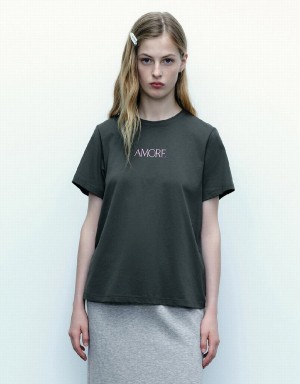 White Women's Urban Revivo Letter Printed Crew Neck A-Line T Shirts | IRY3870KR