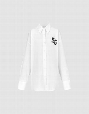 White Women's Urban Revivo Letter Printed Lapel Shirts | YIS5651MY