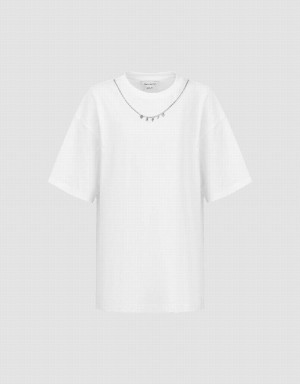 White Women's Urban Revivo Necklace Decor Crew Neck Loose T Shirts | JOD7282VD