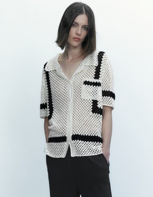 White Women's Urban Revivo Pointelle Lapel Knitted Cardigan | KCB2685YL