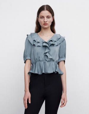 White Women's Urban Revivo Ruffle Blouse | JZC3553UA