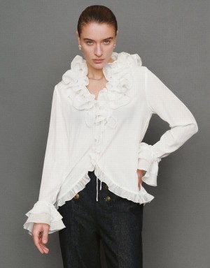 White Women's Urban Revivo Ruffle V-Neck Tie Front Blouse | GYT1458XZ