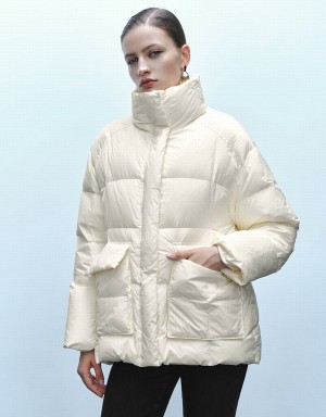 White Women's Urban Revivo Stand Collar Puffer Jacket | DJH3575LM