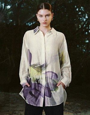 White Women's Urban Revivo Textured Printed Straight Shirts | KDG2565SR