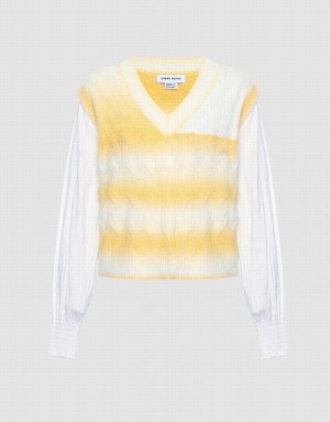 White Yellow Women's Urban Revivo 2 In 1 Striped Cable Knit Top Cardigan | DPB6460OY