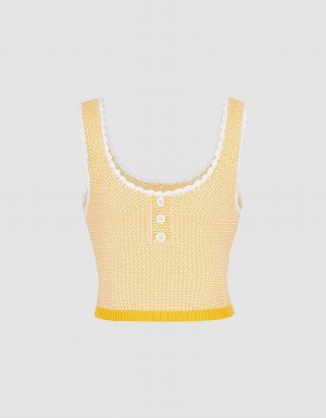 Yellow Women's Urban Revivo Contrast Trim Half Button Knitted Tank Top | FWS4443IA