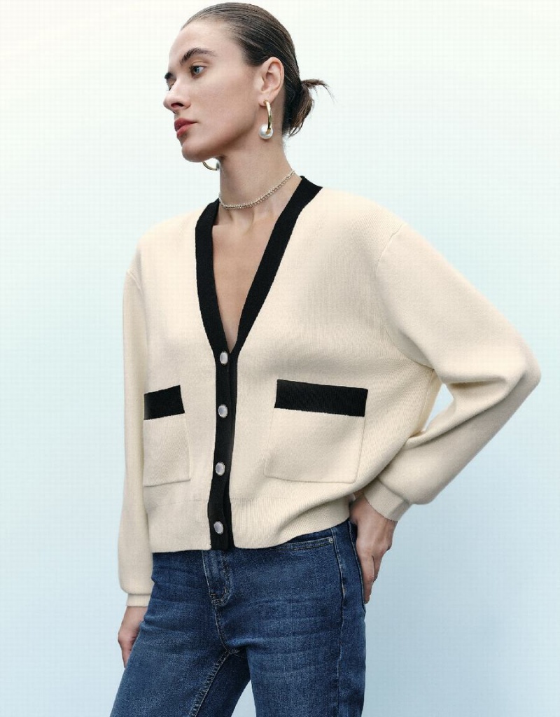 Beige Women's Urban Revivo V-Neck Knitted Cardigan | BRQ586YS