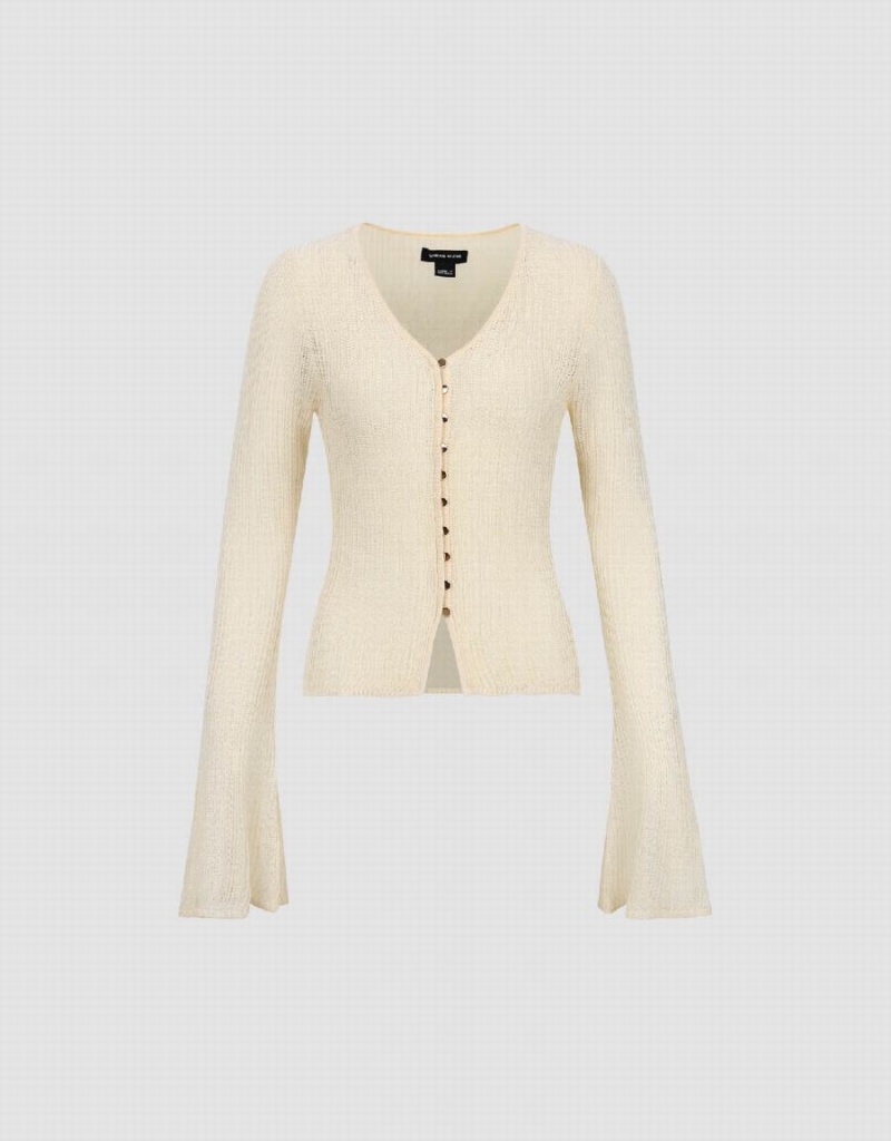 Beige Women's Urban Revivo V-Neck Skinny Knitted Cardigan | NAJ5563SJ