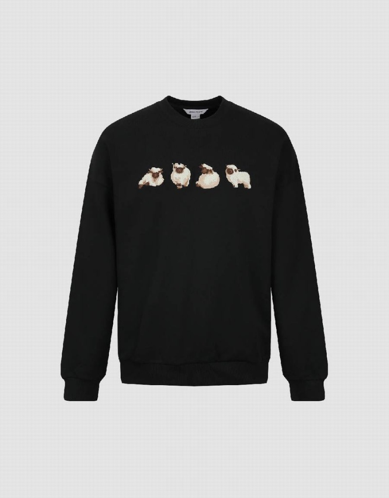 Black Men's Urban Revivo Animals Printed Crew Neck Sweatshirts | QVN2454LP