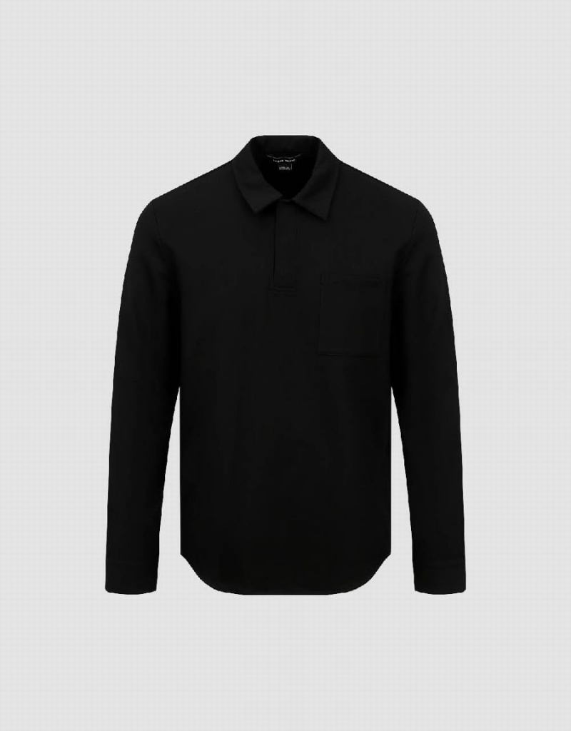 Black Men's Urban Revivo Button Half Placket Straight Polo Shirts | QLS6227CD