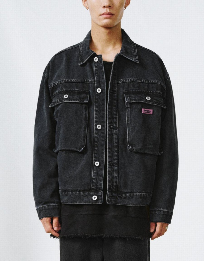 Black Men's Urban Revivo Button Up Denim Jackets | ZUQ535UB