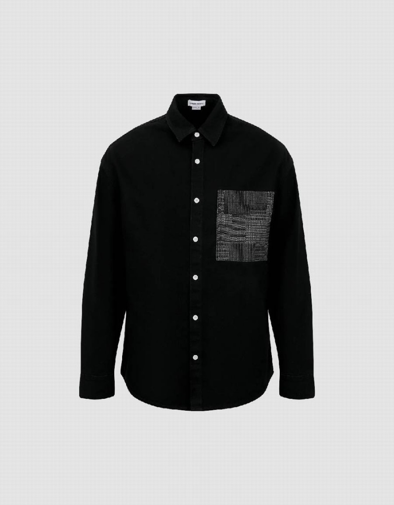 Black Men's Urban Revivo Button Up Loose Denim Shirts | HXC829JM