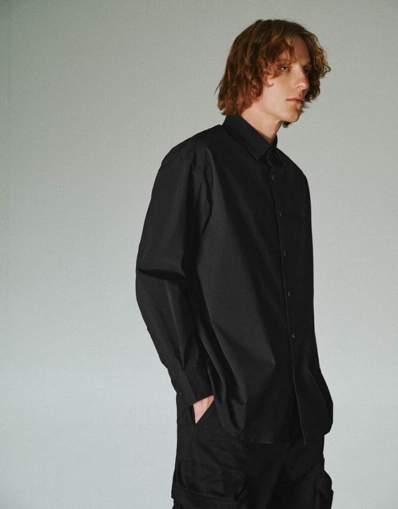 Black Men's Urban Revivo Button Up Oversized Shirts | LKZ6121FX