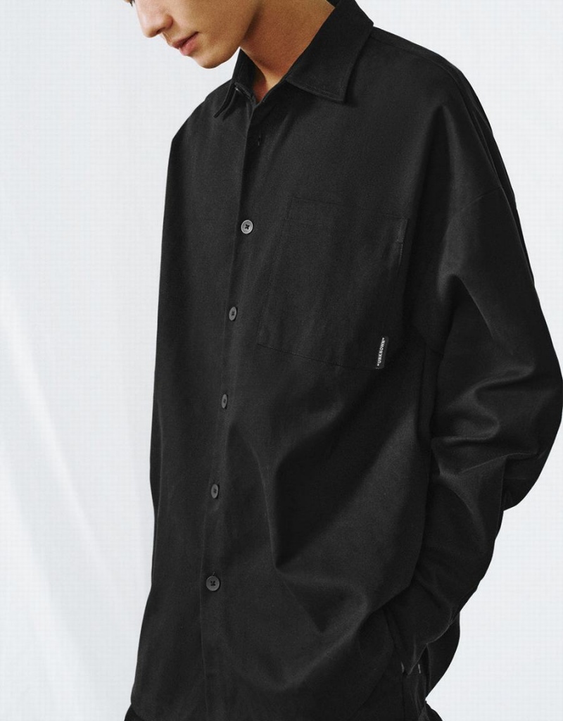 Black Men's Urban Revivo Button Up Oversized Shirts | QHE7432XK