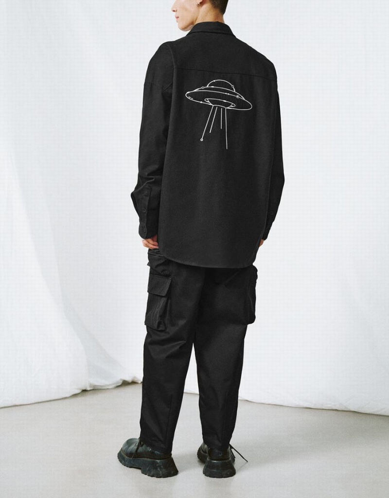 Black Men's Urban Revivo Button Up Oversized Shirts | QHE7432XK