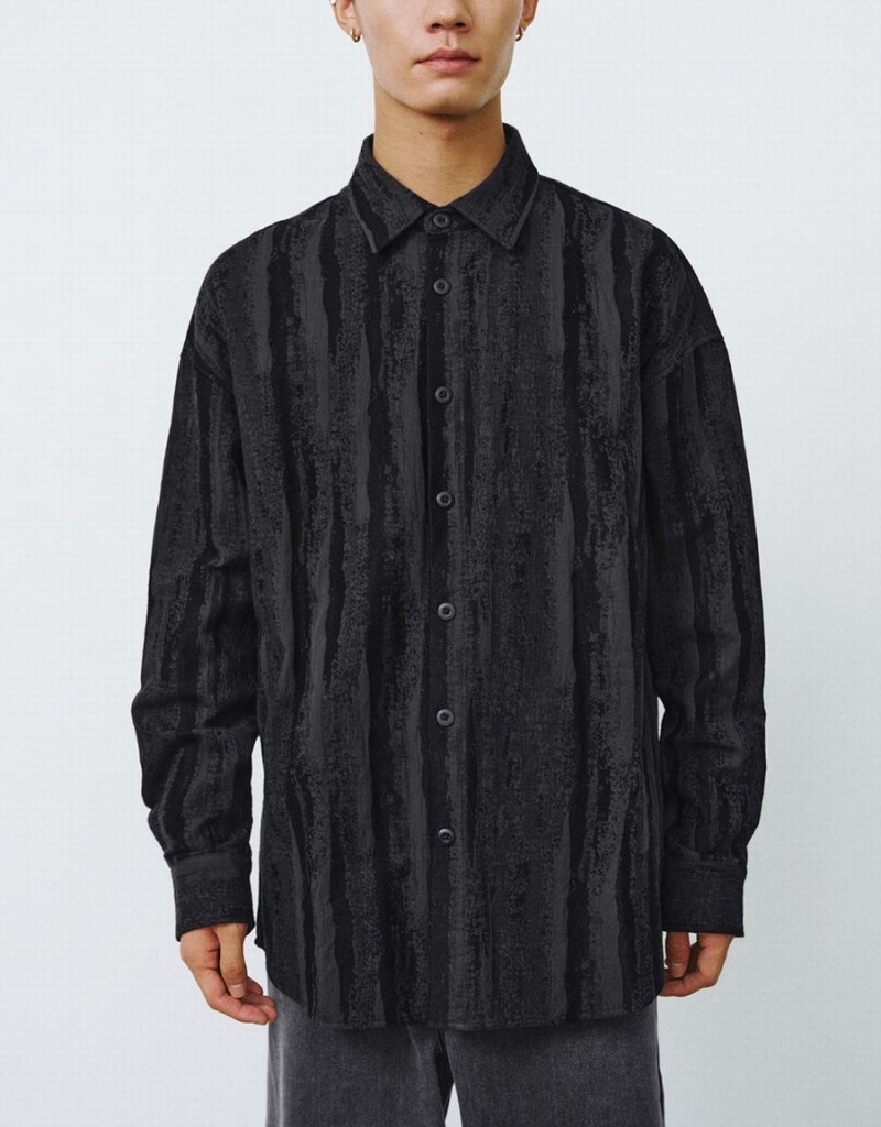 Black Men's Urban Revivo Button Up Printed Loose Shirts | RUV2782LT