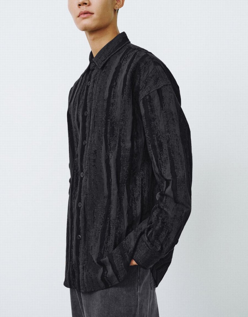 Black Men's Urban Revivo Button Up Printed Loose Shirts | RUV2782LT