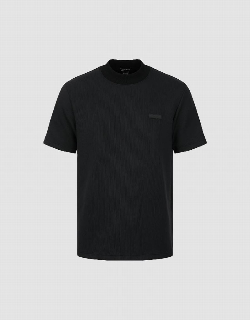 Black Men's Urban Revivo Crew Neck Straight T Shirts | RZI283TN