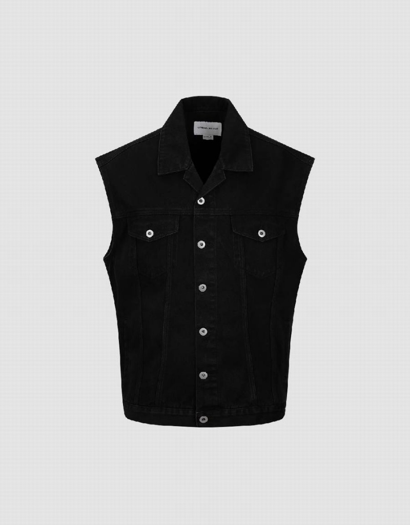 Black Men's Urban Revivo Denim Waistcoat Denim Jackets | JKO3943BQ