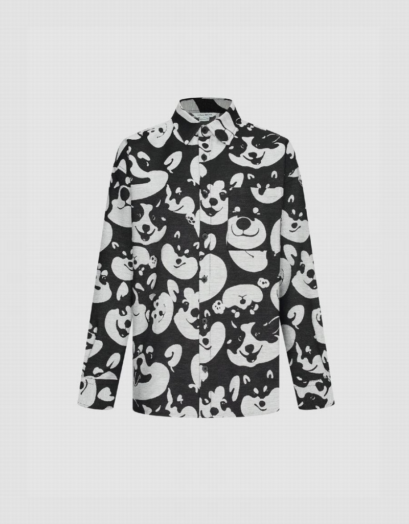 Black Men's Urban Revivo Dog Printed Oversized Shirts | UYR49100FQ