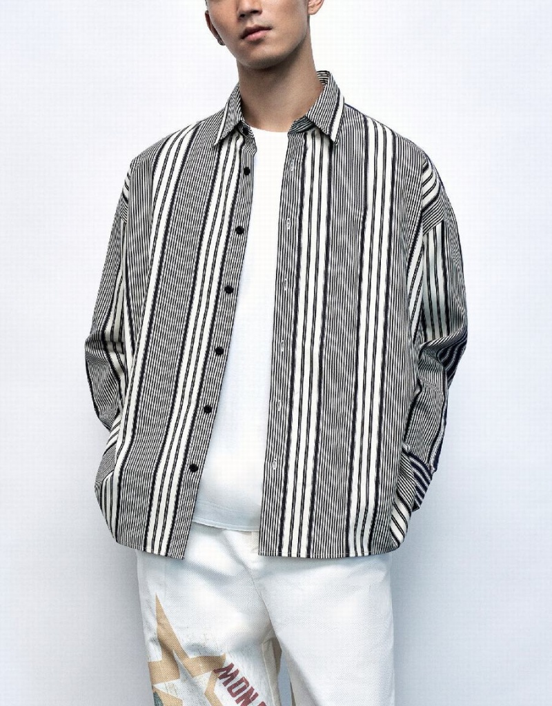 Black Men's Urban Revivo Dolman Sleeve Striped Loose Shirts | NFF8497AJ