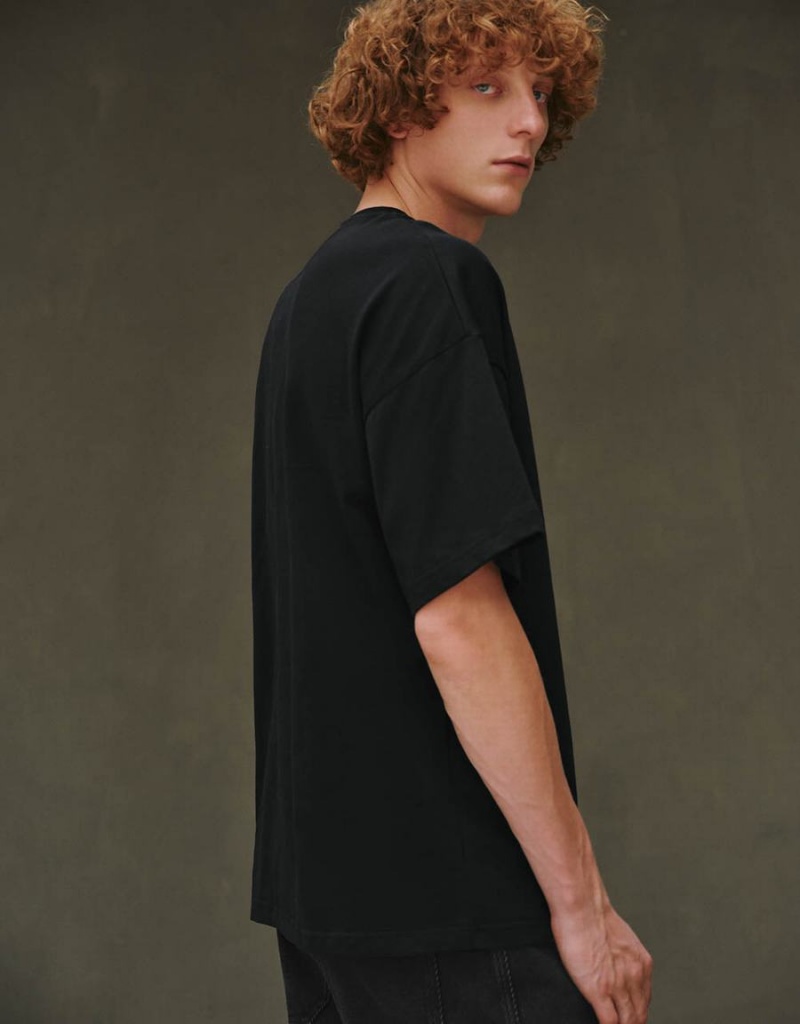 Black Men's Urban Revivo Drop Shoulder Sleeve Crew Neck T Shirts | RIJ5420KK