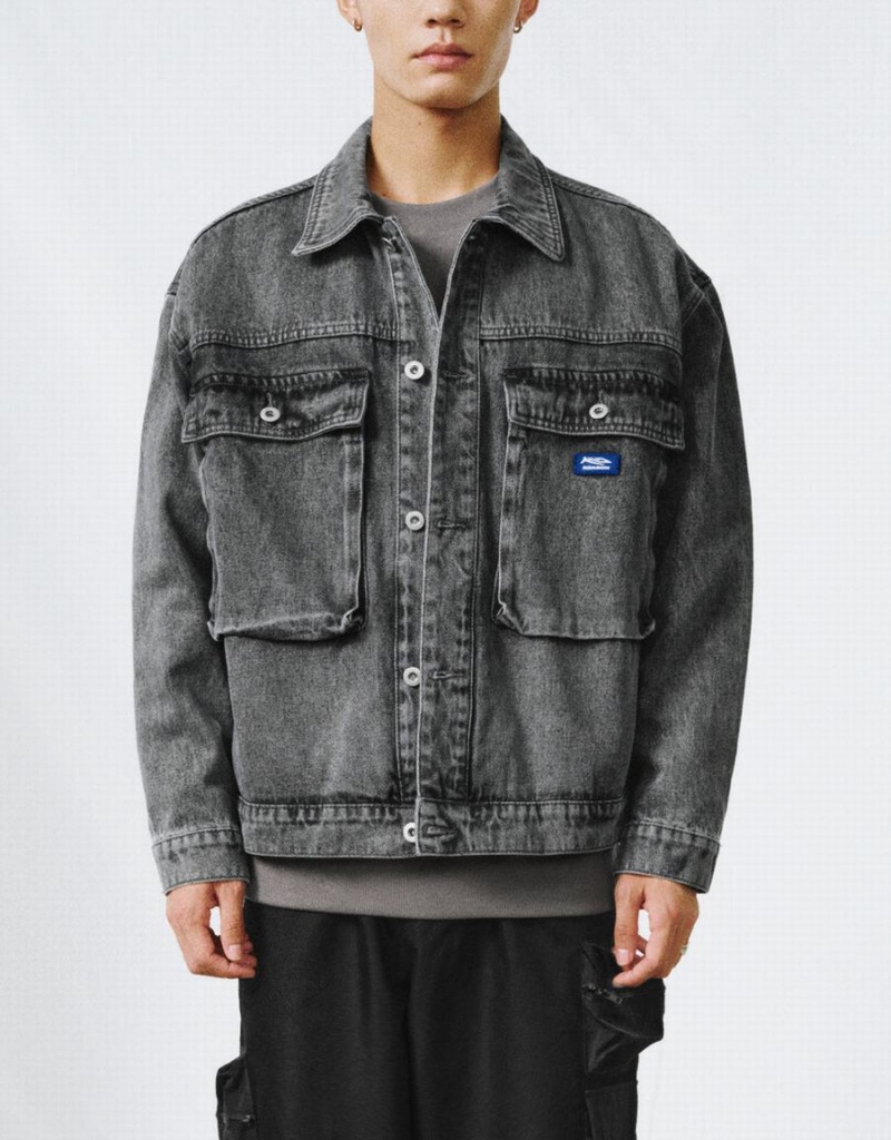 Black Men's Urban Revivo Drop Shoulder Sleeve Denim Jackets | IOQ3888ET