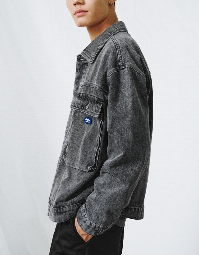 Black Men's Urban Revivo Drop Shoulder Sleeve Denim Jackets | IOQ3888ET