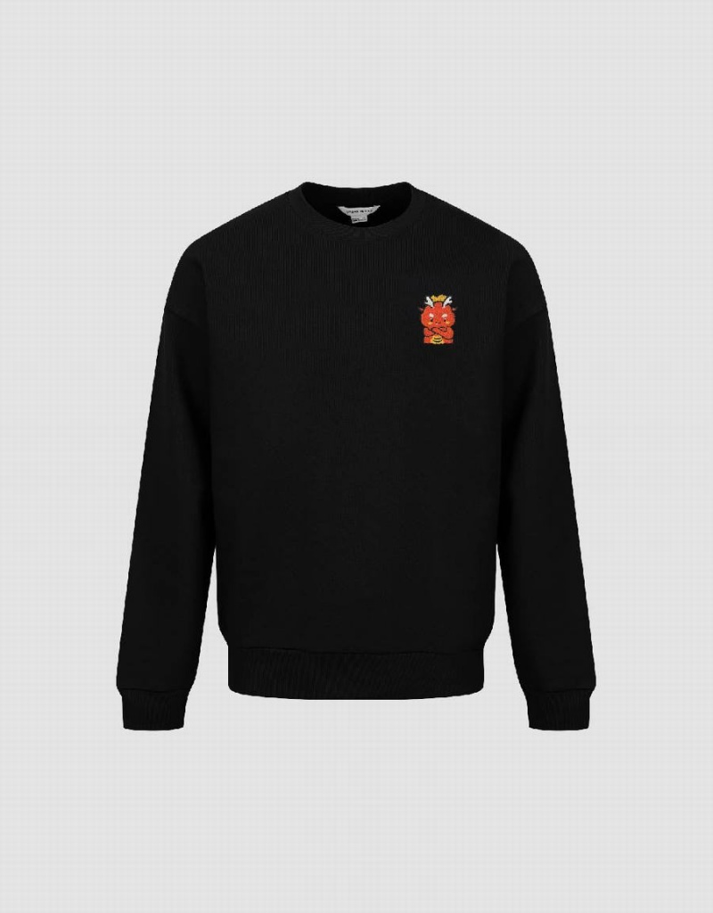 Black Men's Urban Revivo Embossed Crew Neck Sweatshirts | PRX2243GG