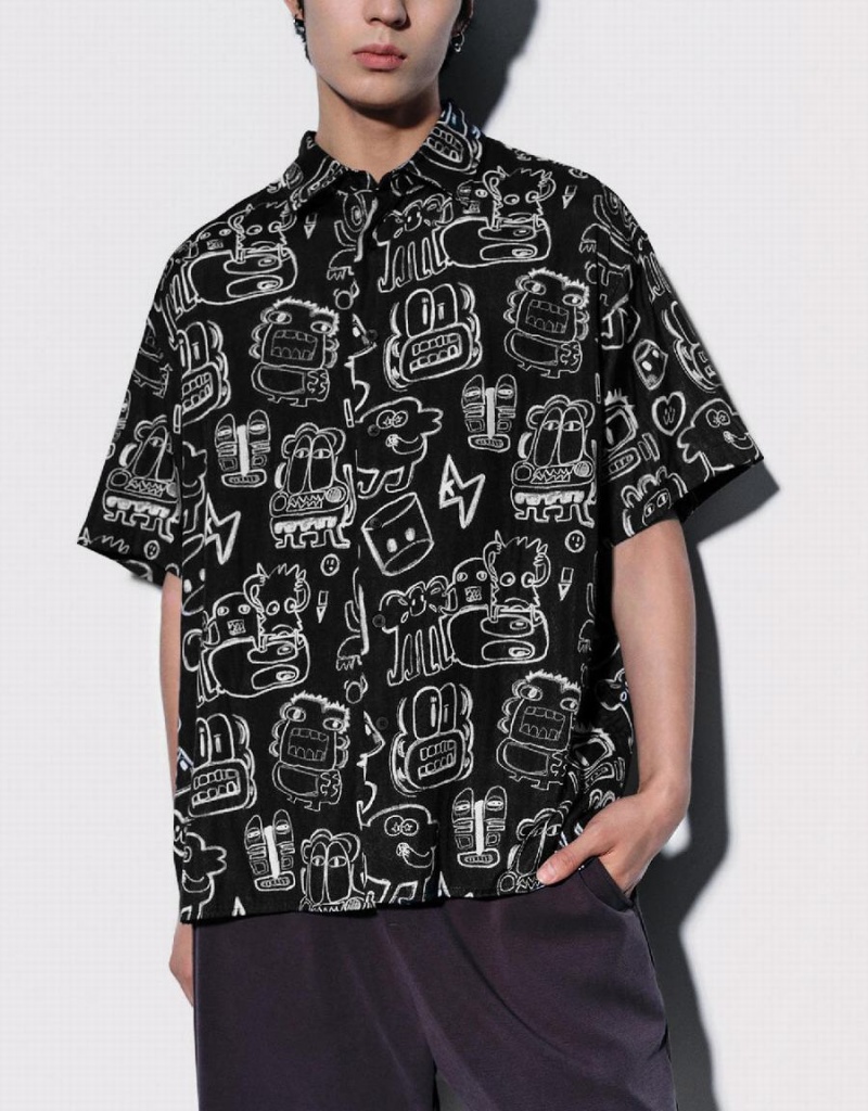 Black Men's Urban Revivo Graffiti Printed Oversized Shirts | ZVK739LY