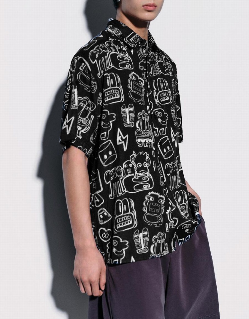 Black Men's Urban Revivo Graffiti Printed Oversized Shirts | ZVK739LY