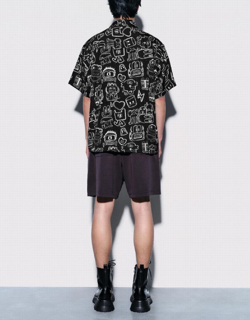 Black Men's Urban Revivo Graffiti Printed Oversized Shirts | ZVK739LY